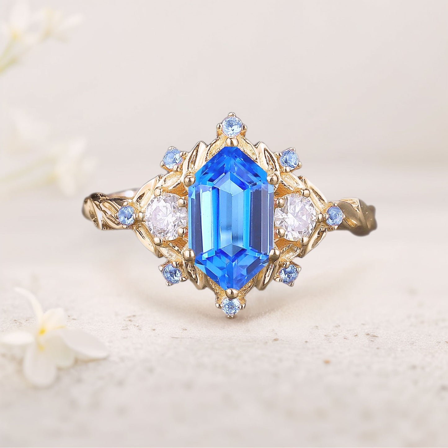 Unique Three Stone Hexagon Lab Sapphire Engagement Ring