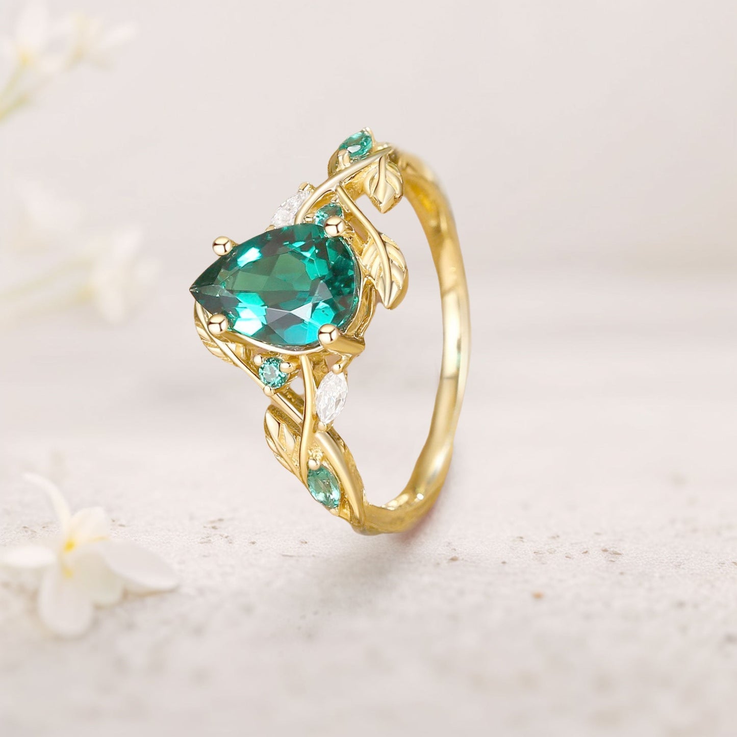 Unique floral engagement rings Everly Nature Inspired Pear Lab Emerald Leaf Engagement Ring