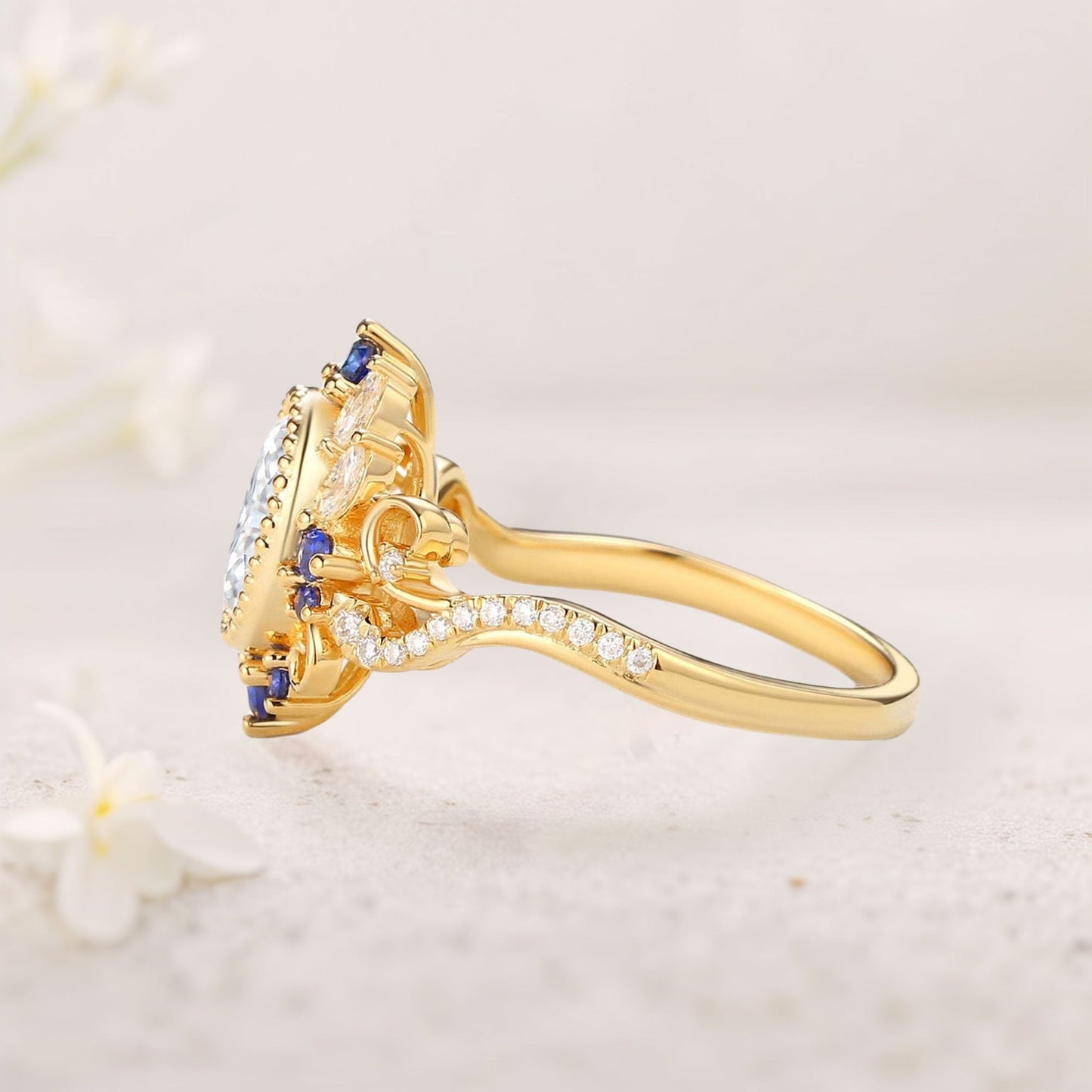 Unique floral engagement rings Halo Oval Moissanite and Sapphire Twist Ring