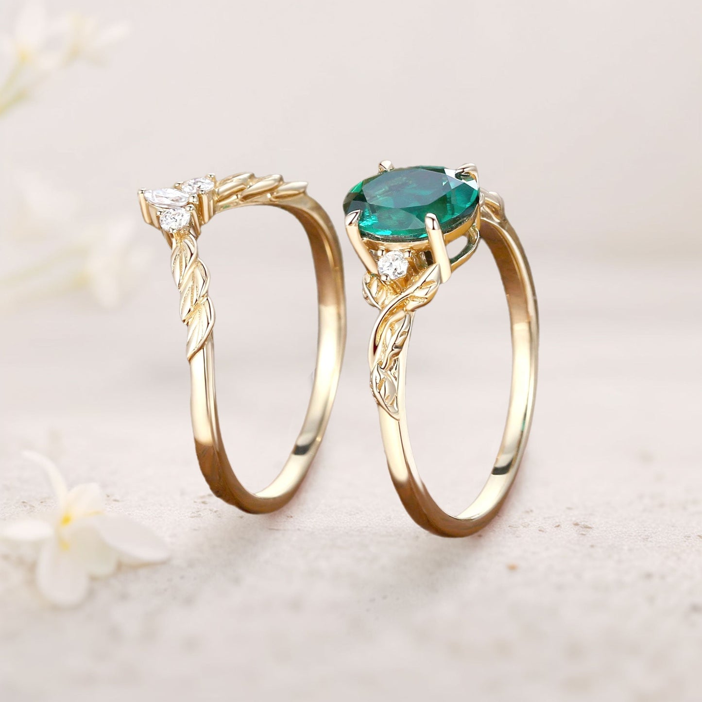 Unique floral engagement rings Nature Inspired Oval Lab Emerald Engagement Ring Set