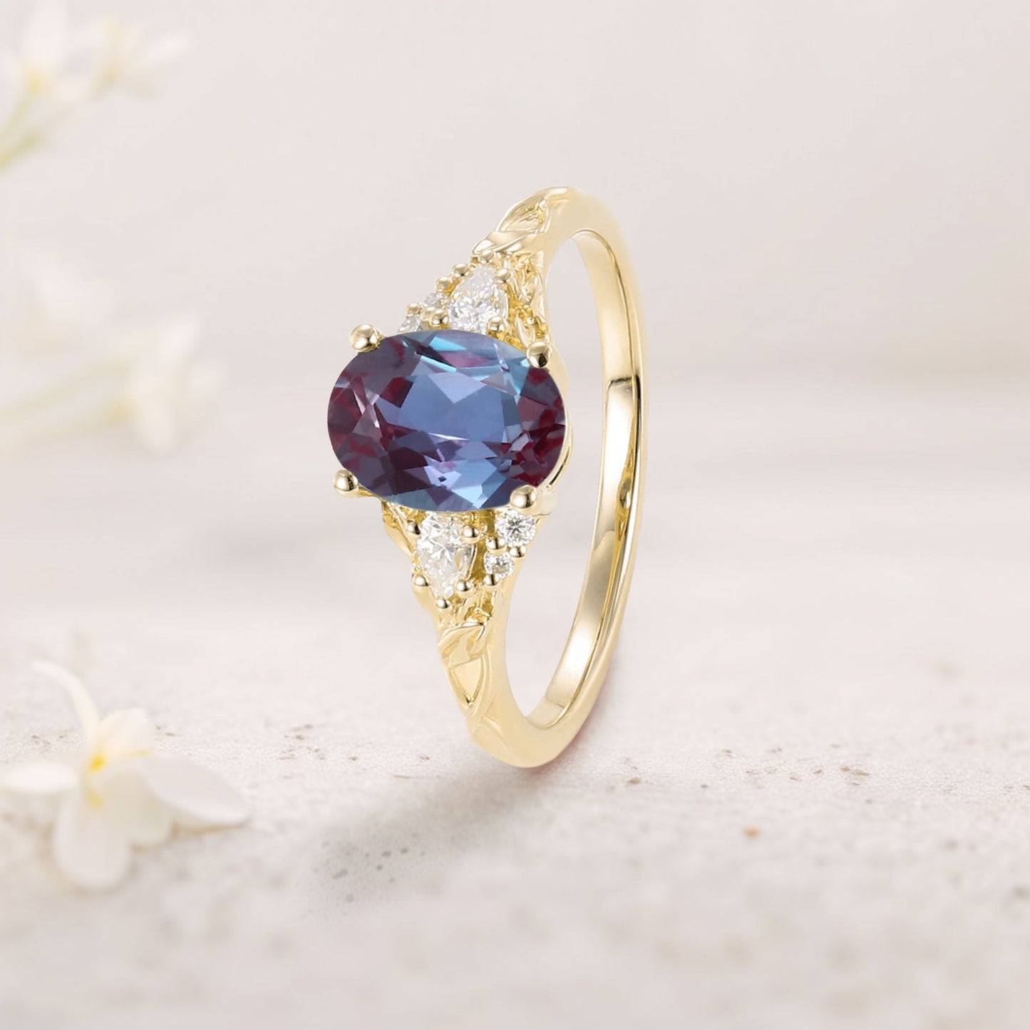 Unique Oval Alexandrite and Moissanite Wedding Ring
