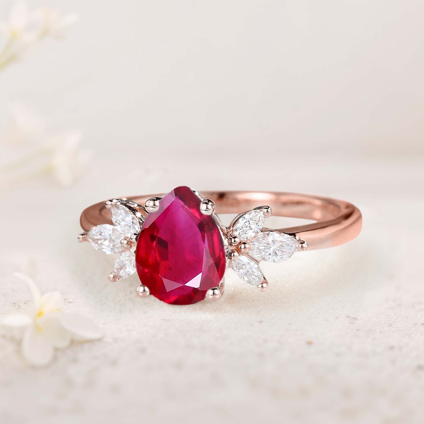 Unique Pear Ruby Engagement Ring Simple Cluster Bridal Ring