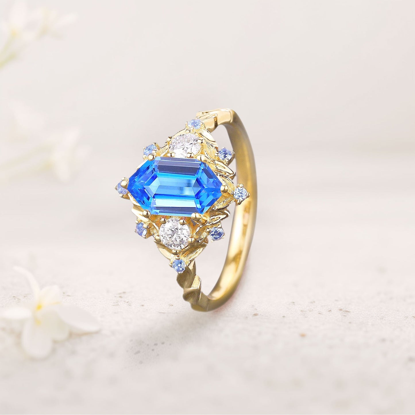 Unique Three Stone Hexagon Lab Sapphire Engagement Ring
