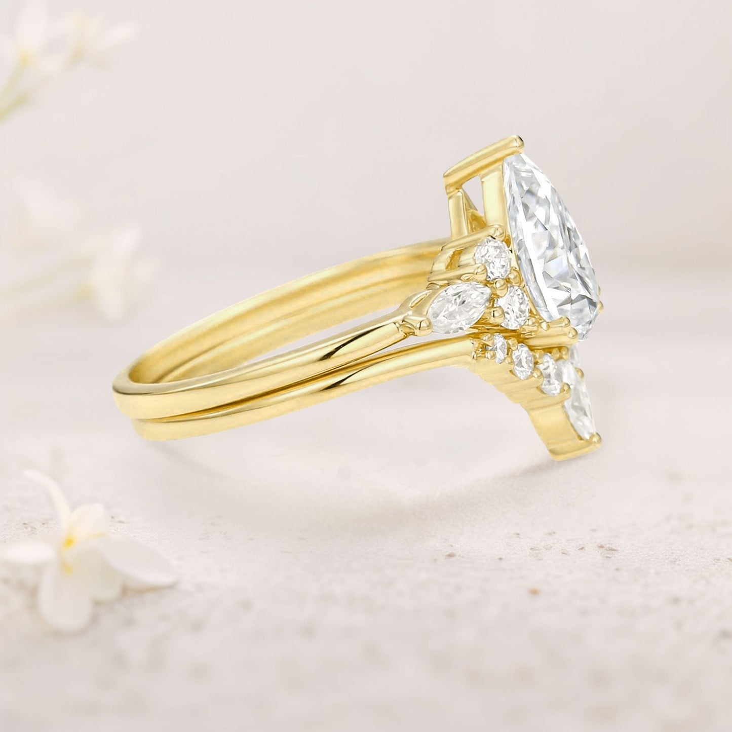 Unique floral engagement rings Pear Moissanite Bridal Ring Cluster Engagement Ring Set