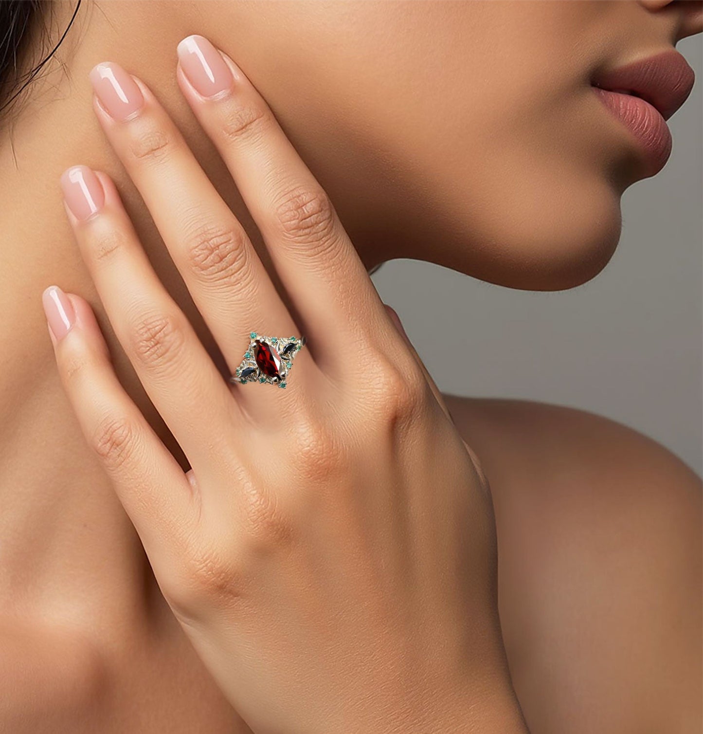 Unique Briar Moon Three Stone Marquise Garnet and Lab Emerald Ring