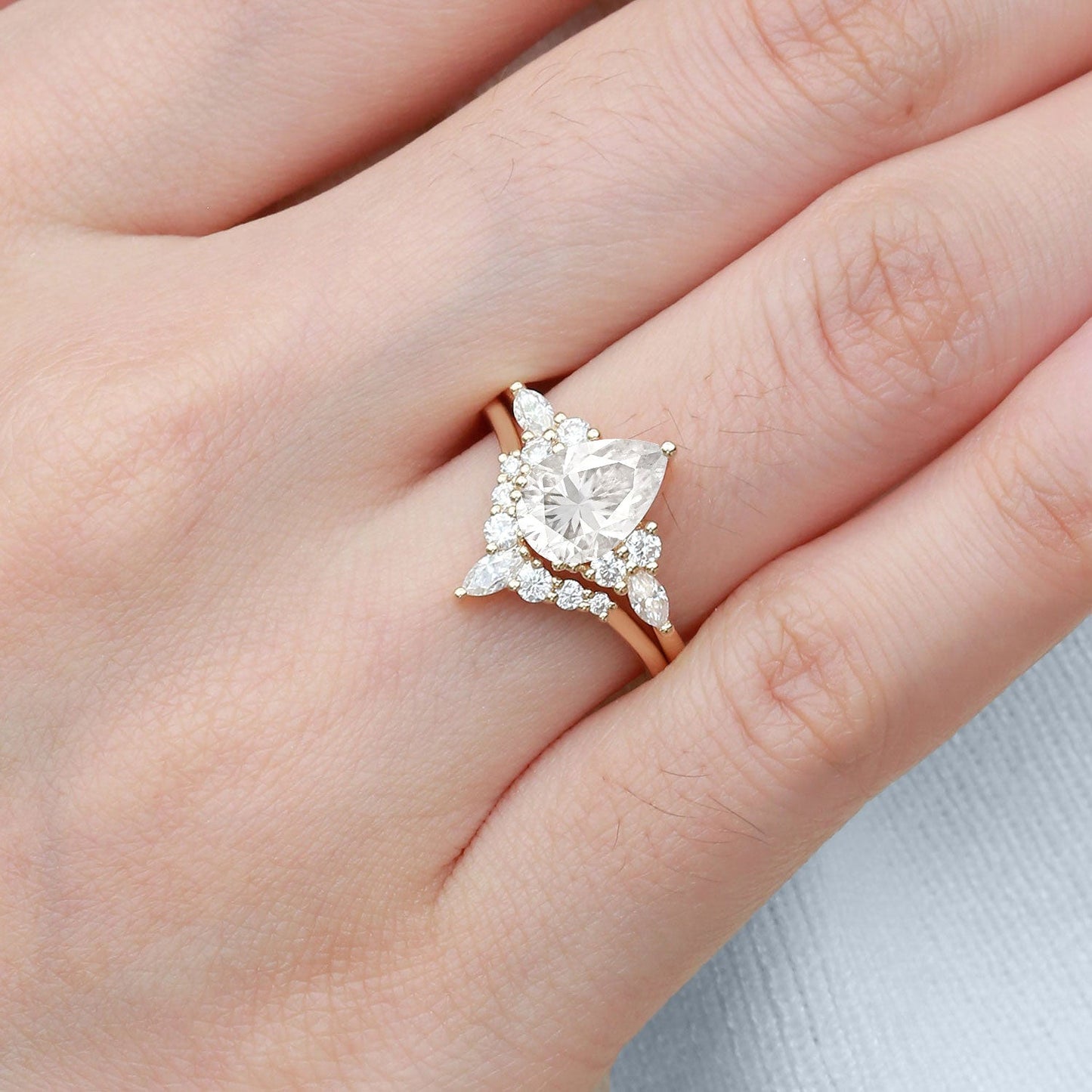 Unique floral engagement rings Pear Moissanite Bridal Ring Cluster Engagement Ring Set