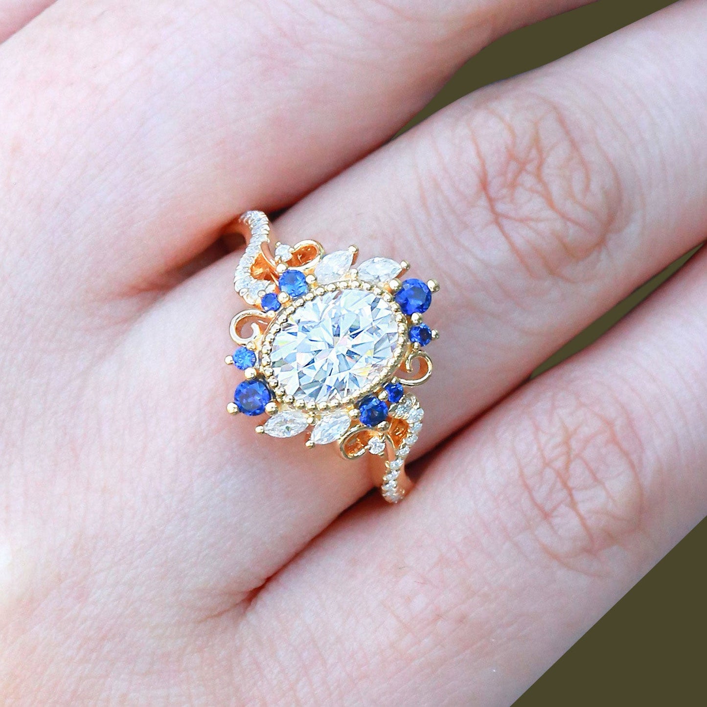 Unique floral engagement rings Halo Oval Moissanite and Sapphire Twist Ring