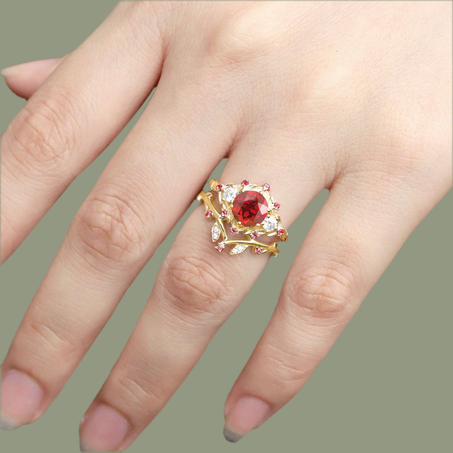 Vintage floral engagement rings Round Lab Ruby Bridal Promise Ring Set Ruby Leaf Engagement Ring Set