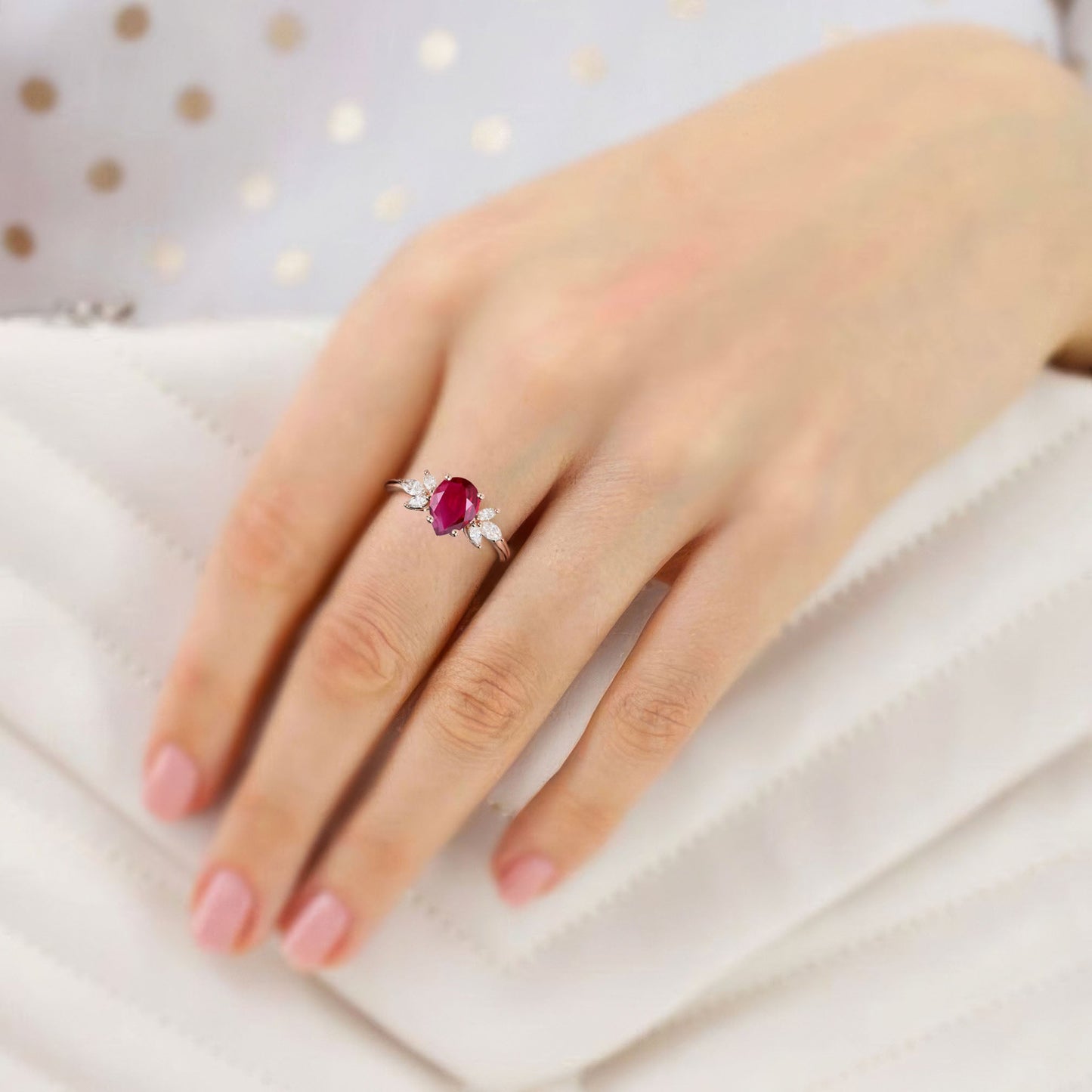 Unique Pear Ruby Engagement Ring Simple Cluster Bridal Ring