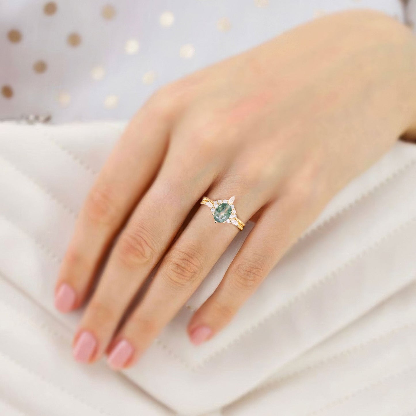 Vintage Oval Moss Agate Twisted Engagement Ring With Curved Wedding Ring Set