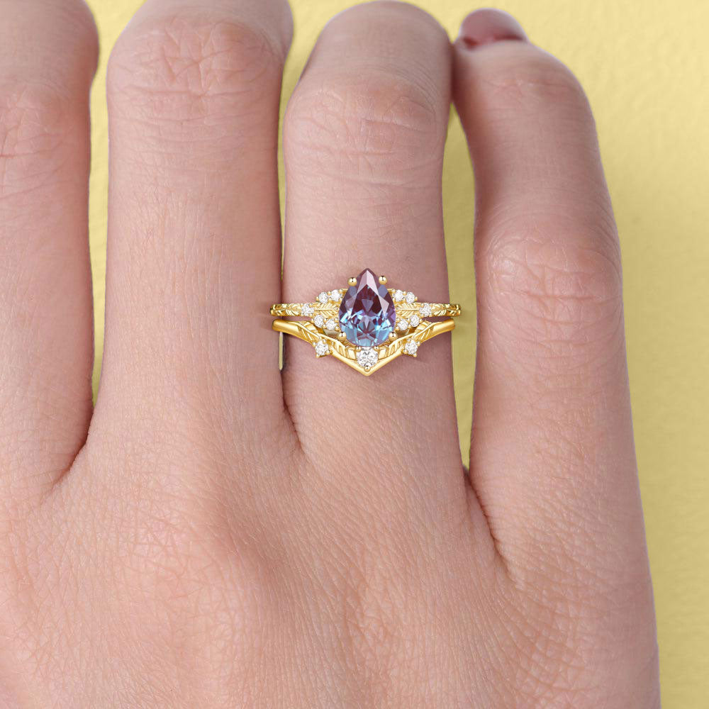 Unique floral engagement rings Leaf Nature Inspired Pear Lab Alexandrite Engagement Ring Set