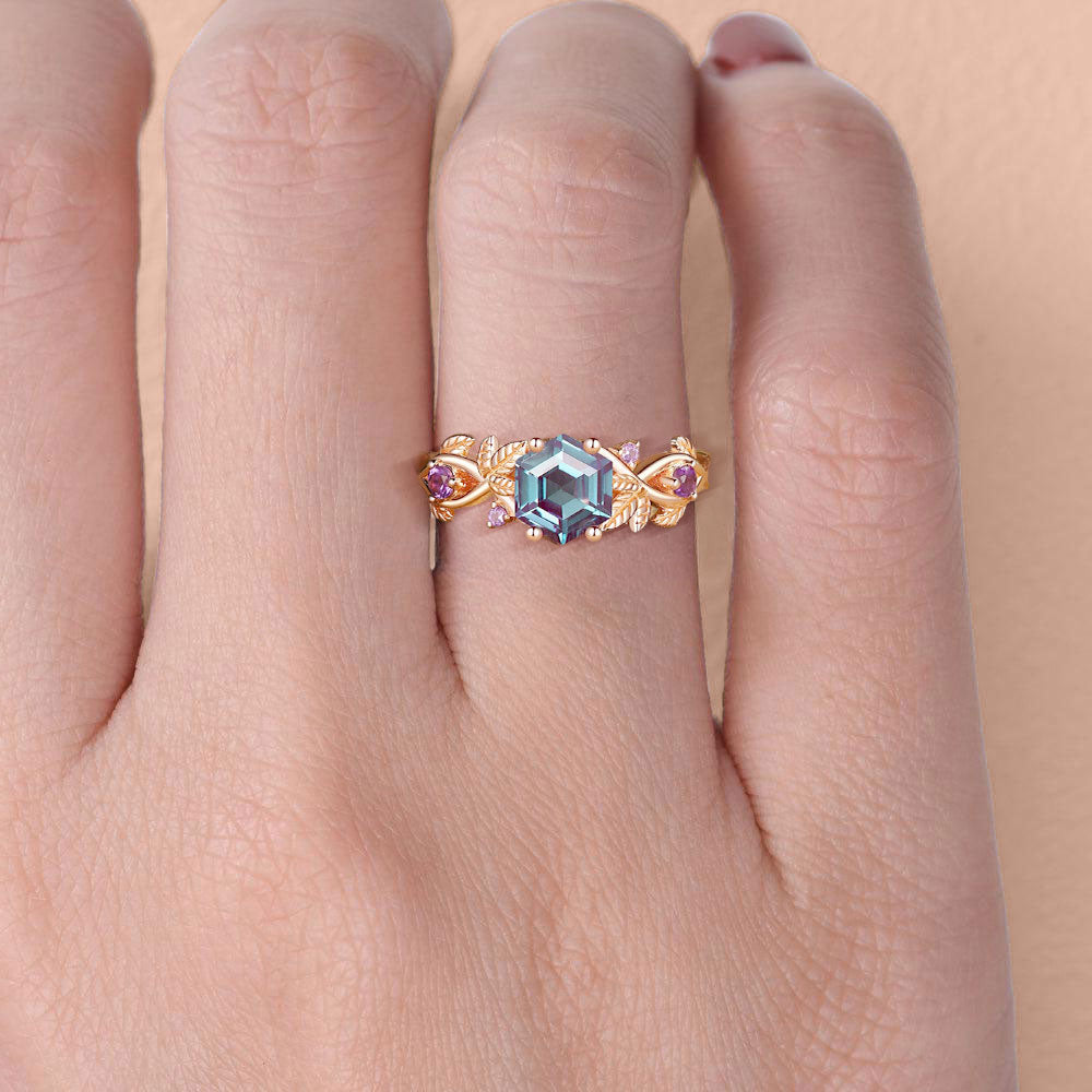 Unique floral engagement rings Hexagon Lab Alexandrite Leafy Engagement Ring
