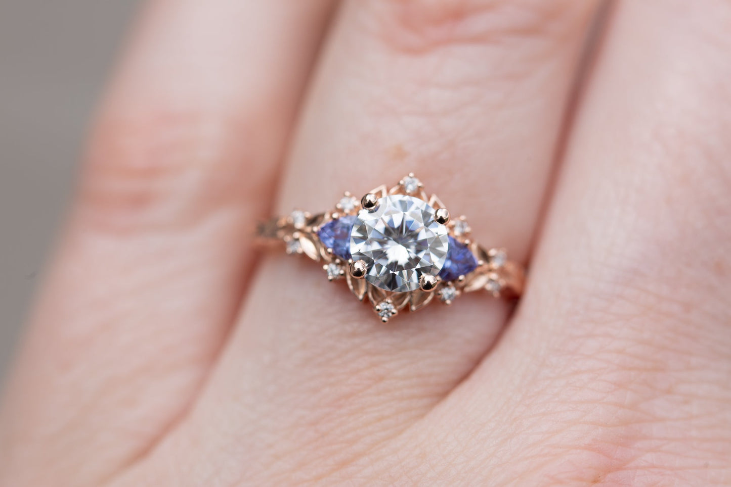 Unique Floral Rose Three Stone Round Moissanite Ring