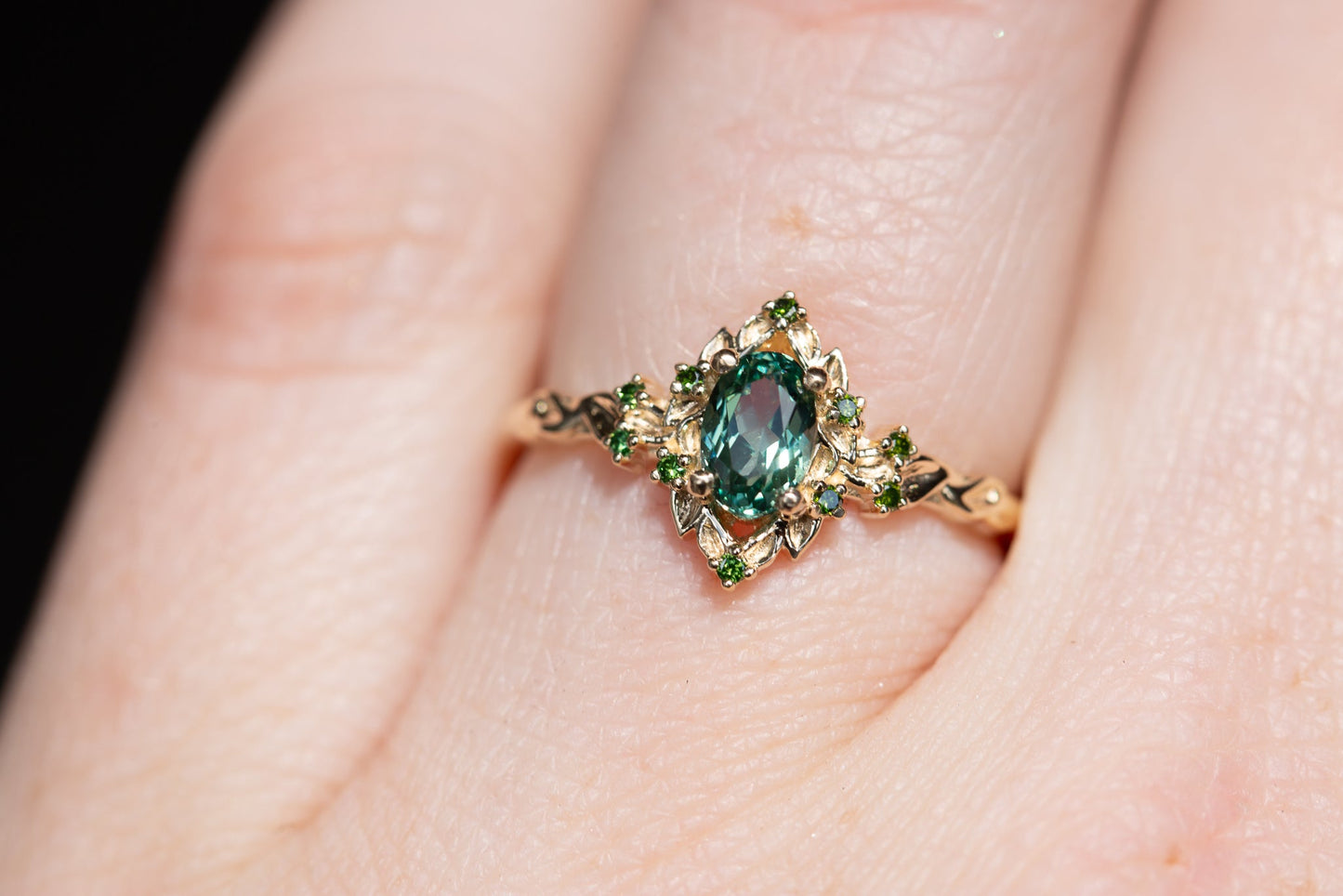 Unique Floral Rose Halo Oval Green Lab Sapphire Ring