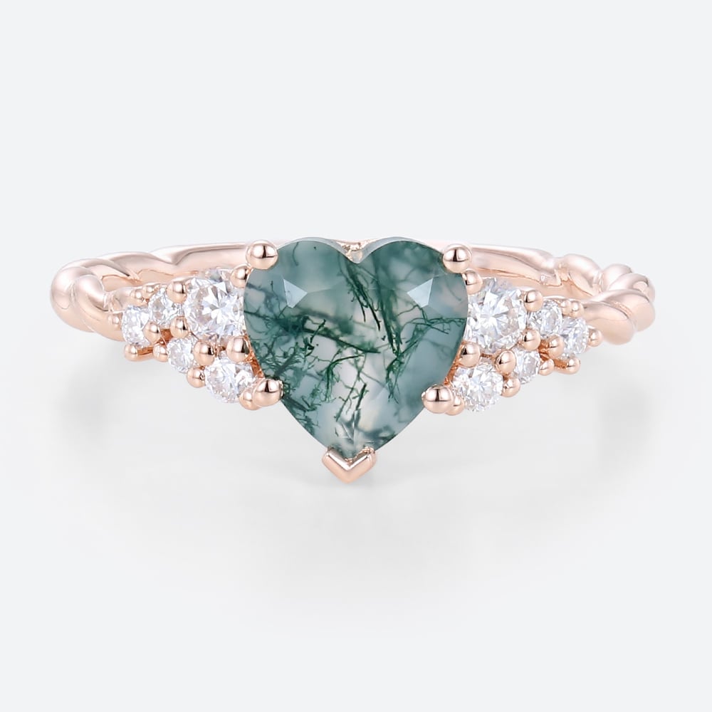 Unique Heart Cut Moss Agate Cluster Engagement Ring Twisted Promise Ring