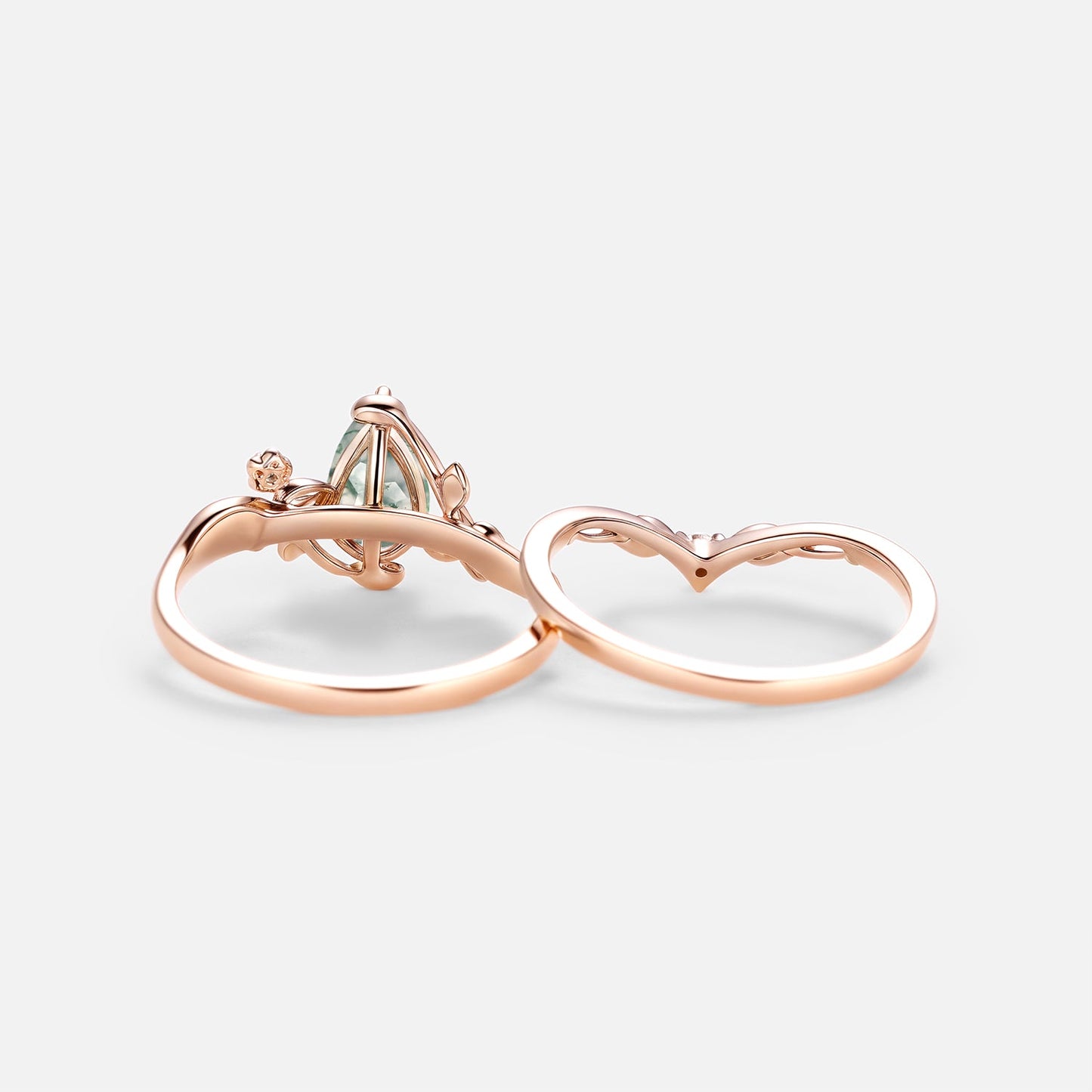 Unique Leafy & Floral Pear Shaped Moss Agate Engagement Ring Set