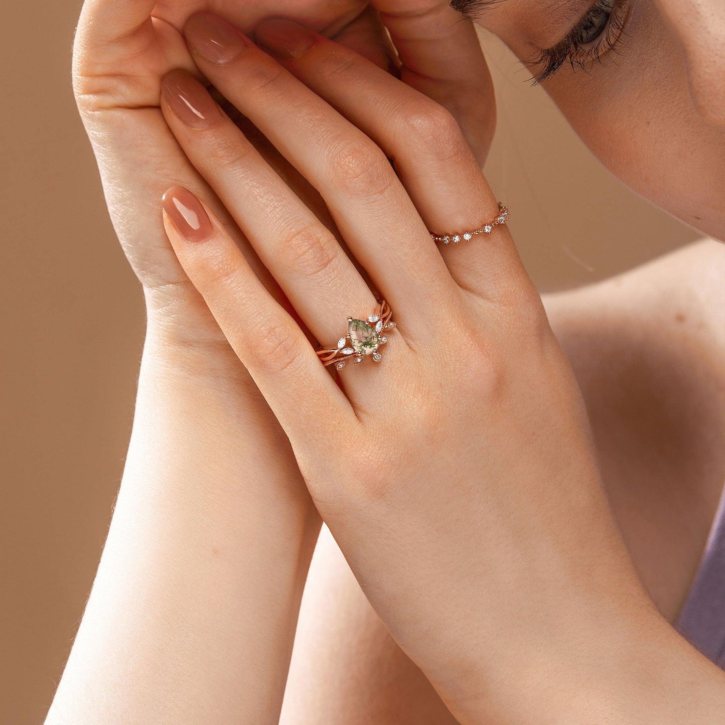Unique floral engagement rings Pear Moissanite Leafy Twig Bridal Ring Set