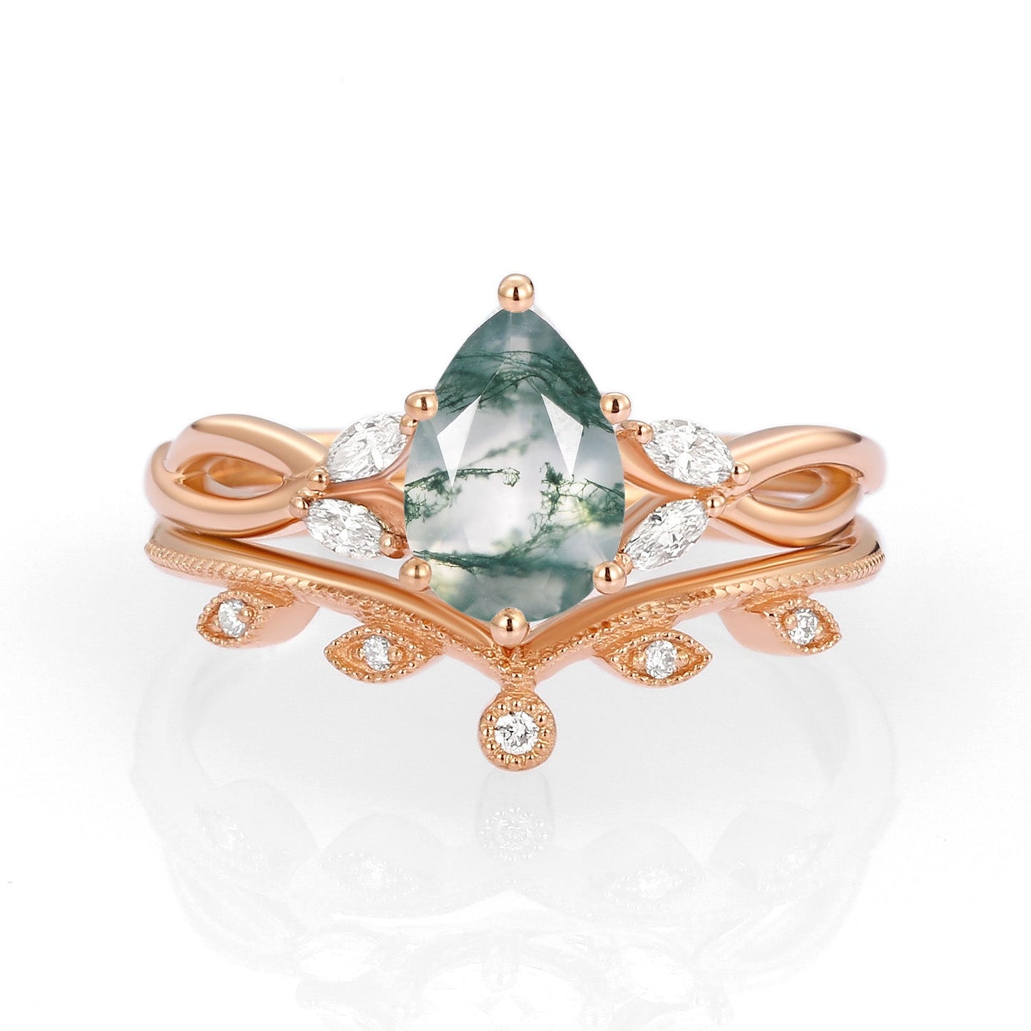 Unique floral engagement rings Pear Moissanite Leafy Twig Bridal Ring Set