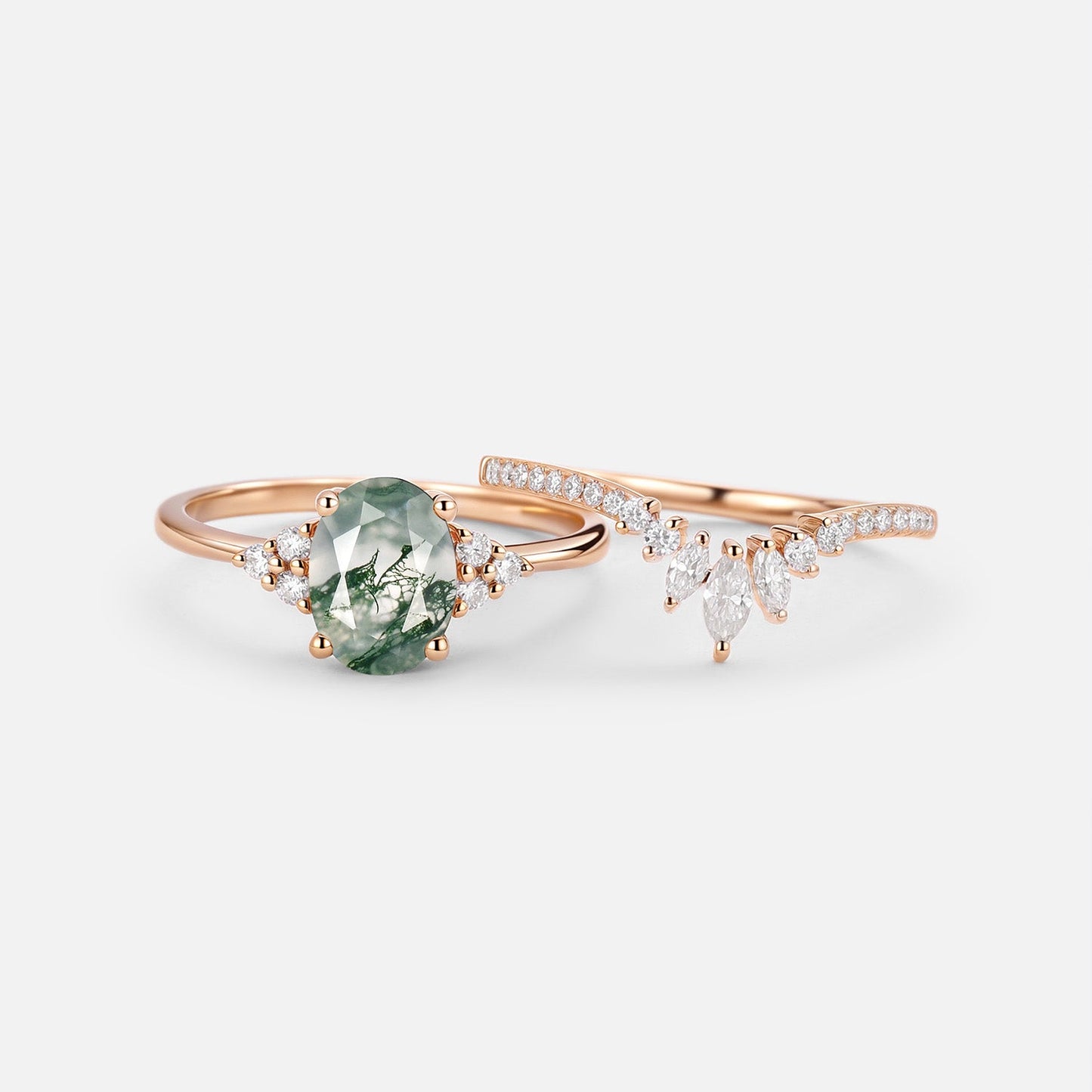 Unique Oval Moss Agate Classic Cluster Ring Set