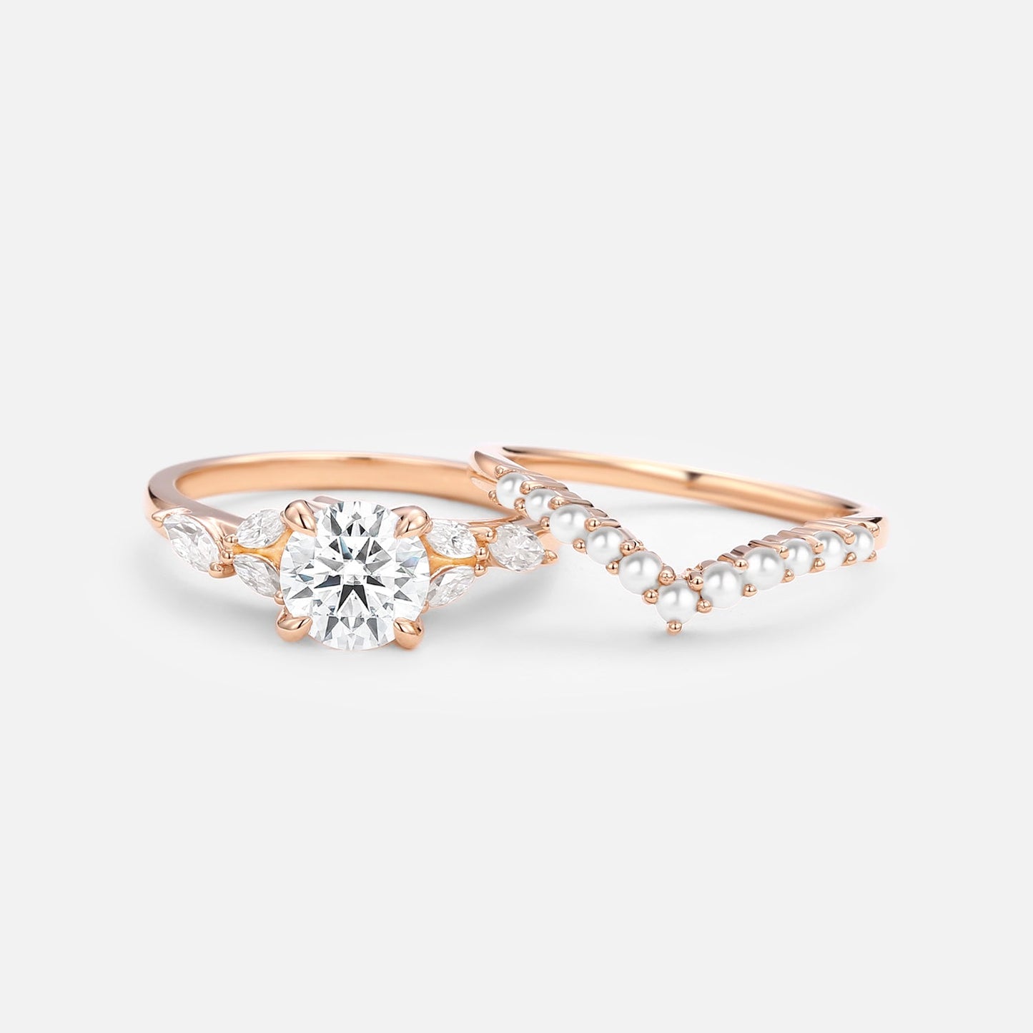 Unique floral engagement rings Round Moissanite and Pearl Engagement Ring Set