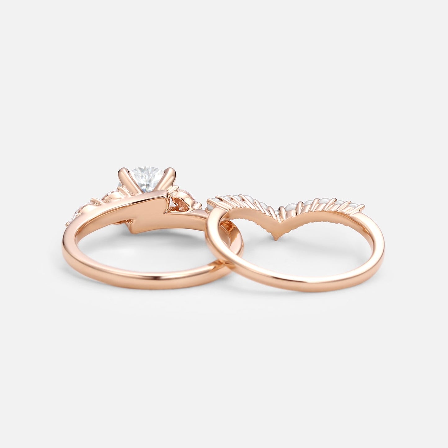 Unique floral engagement rings Round Moissanite and Pearl Engagement Ring Set