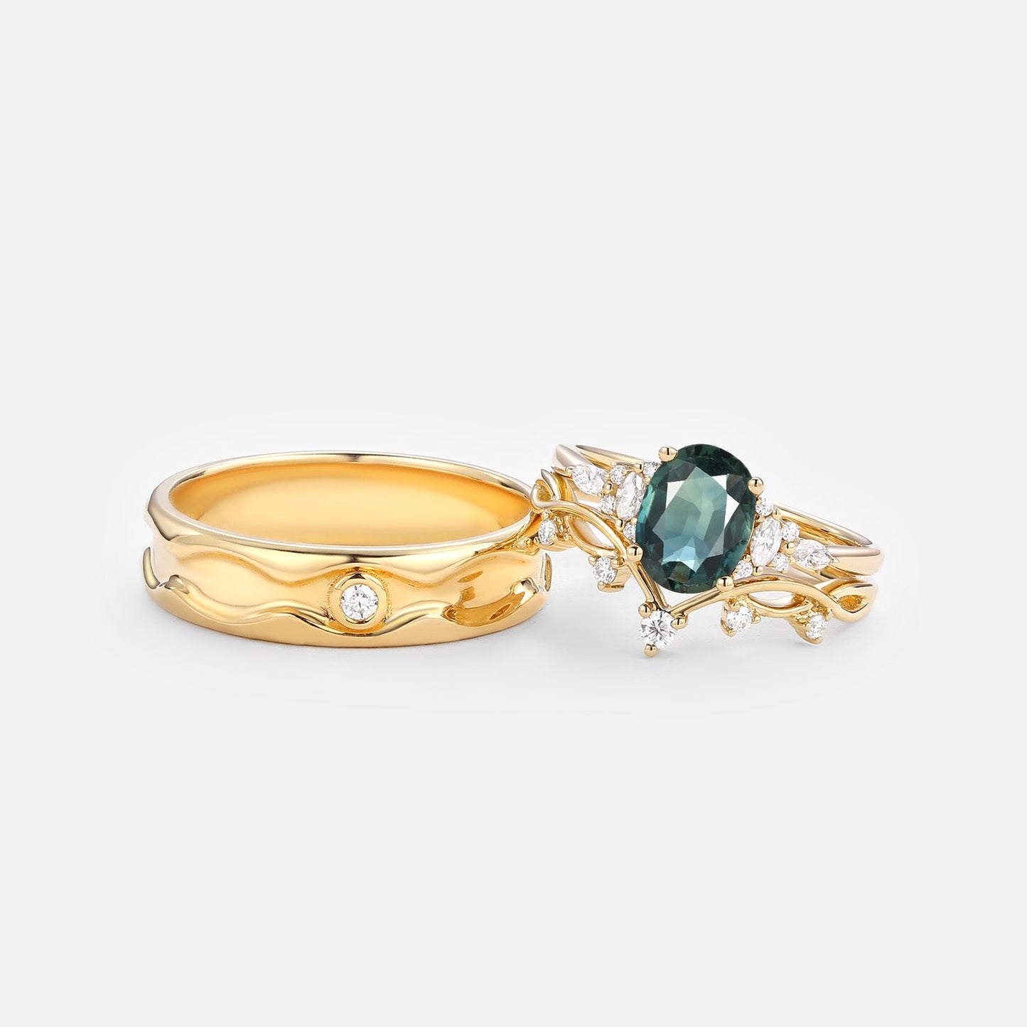 Unique Oval Green Sapphire Leafy Couple Ring Set