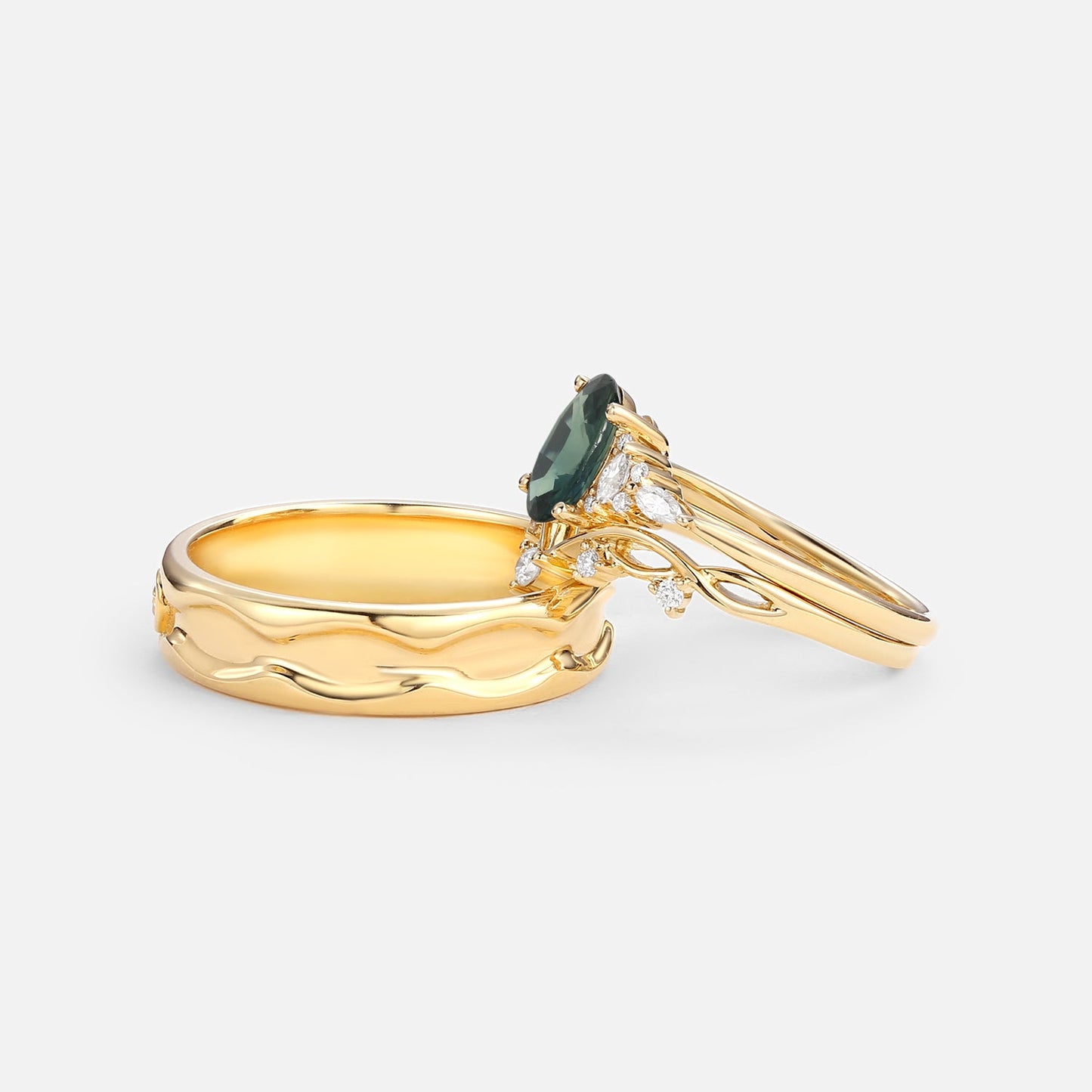 Unique Oval Green Sapphire Leafy Couple Ring Set