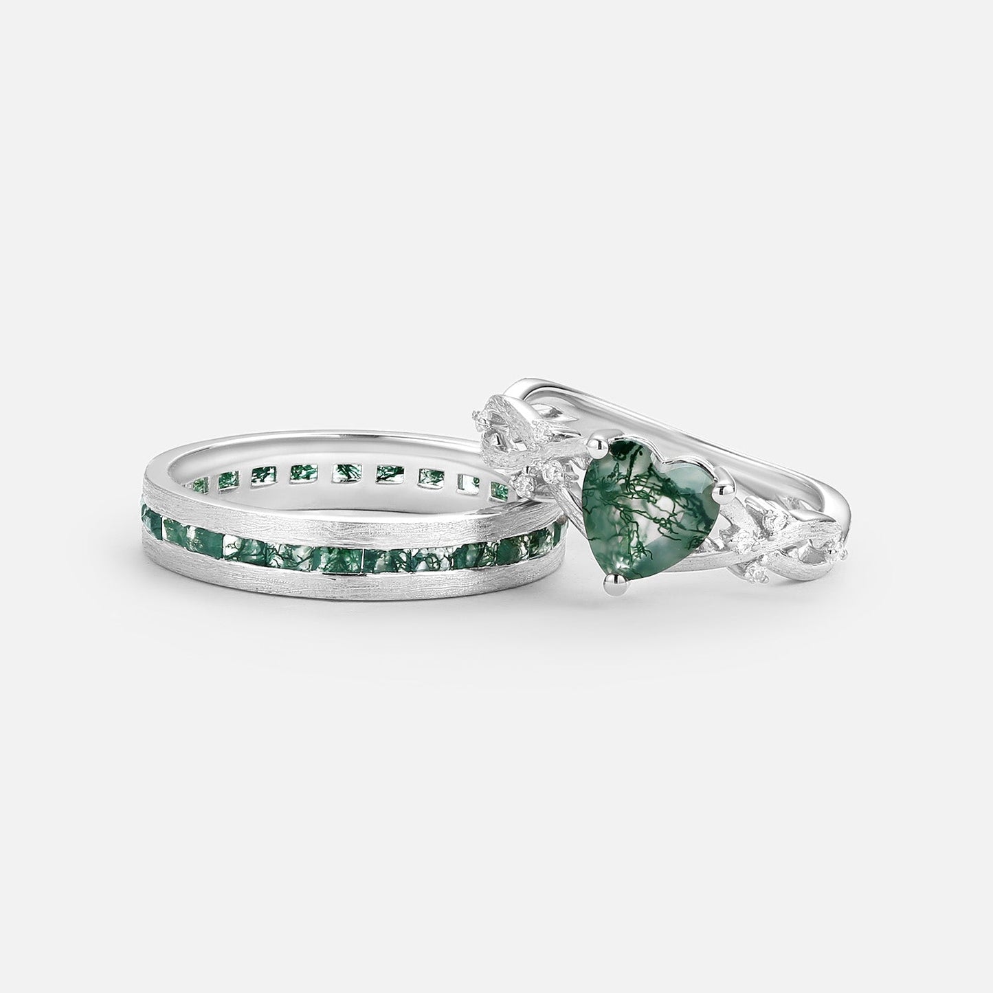Unique Heart Shape Moss Agate Infinity Couple Ring Set