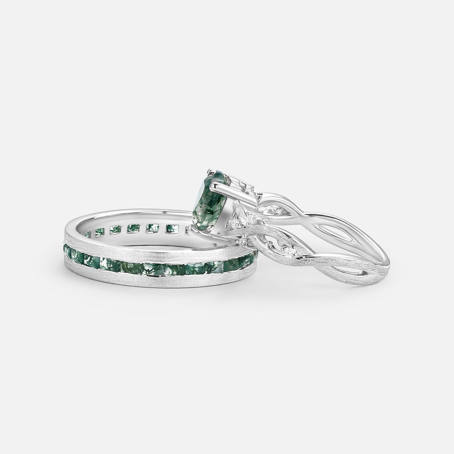 Unique Heart Shape Moss Agate Infinity Couple Ring Set