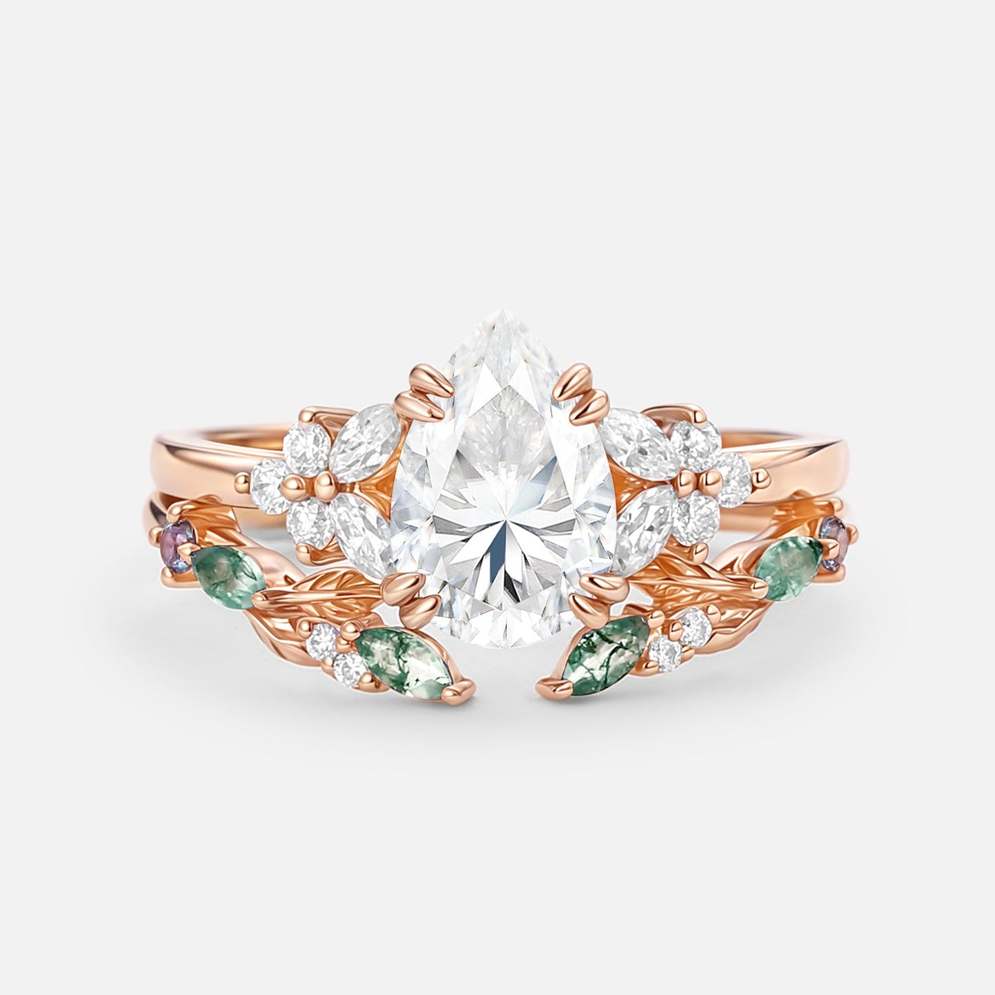 Unique Pear Shaped Moissanite Leafy Chevron Gold Ring Set