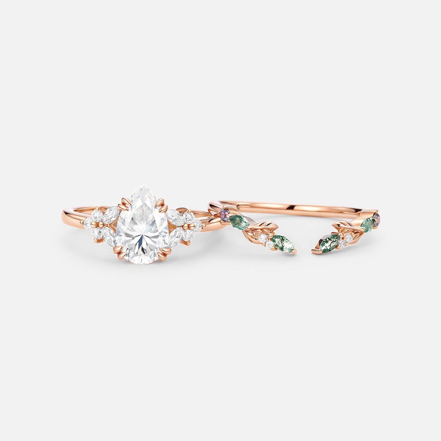 Unique Pear Shaped Moissanite Leafy Chevron Gold Ring Set