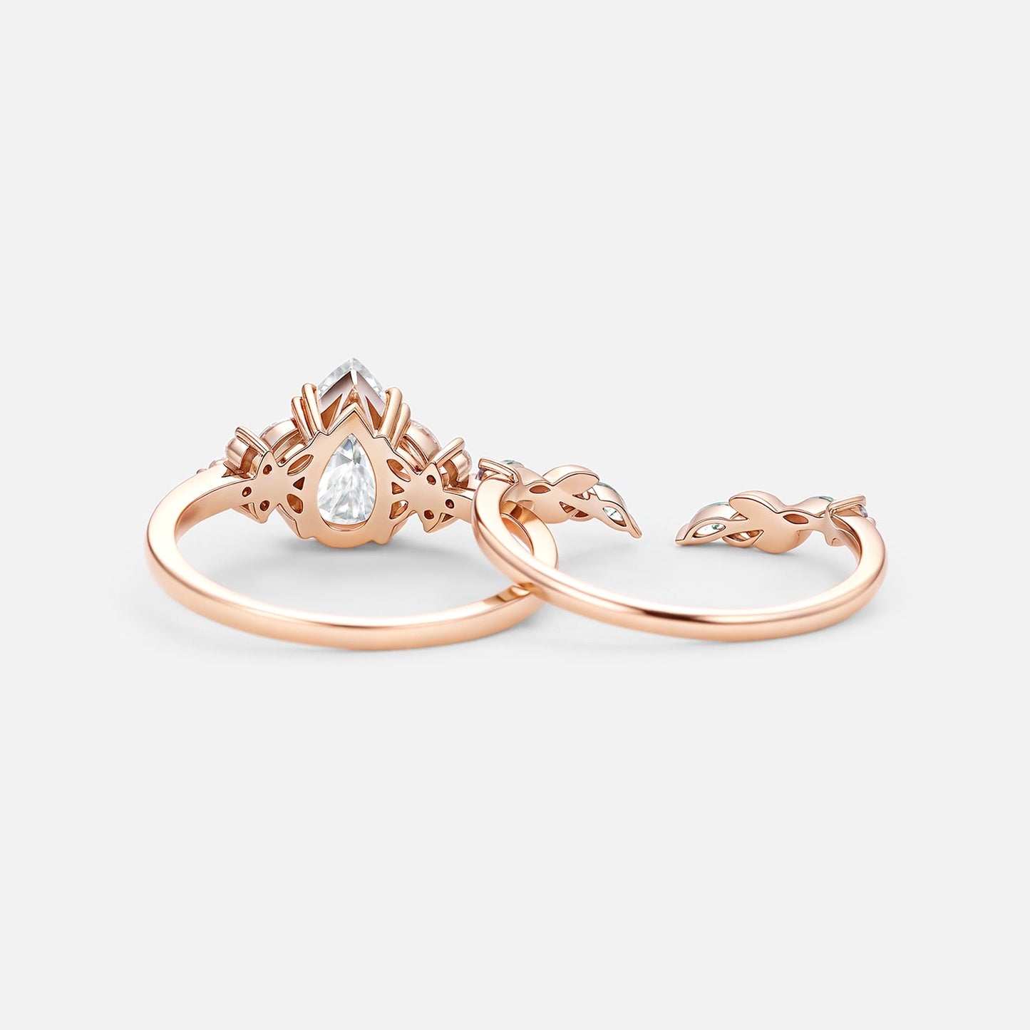 Unique Pear Shaped Moissanite Leafy Chevron Gold Ring Set