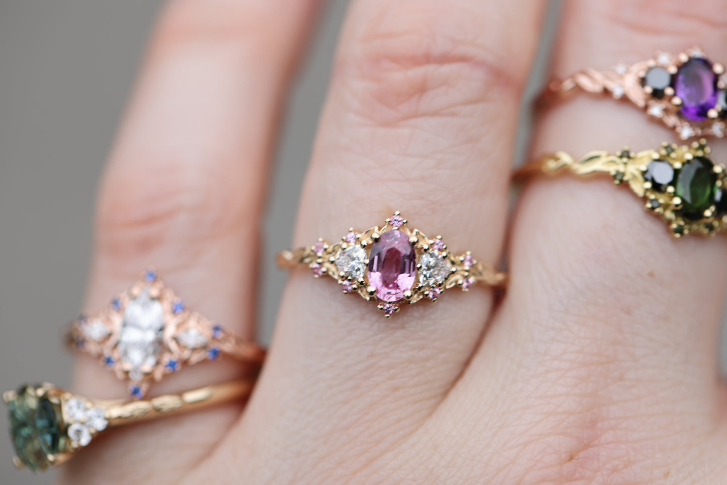 Unique Floral Rose Oval Lab Pink Padparadscha Ring