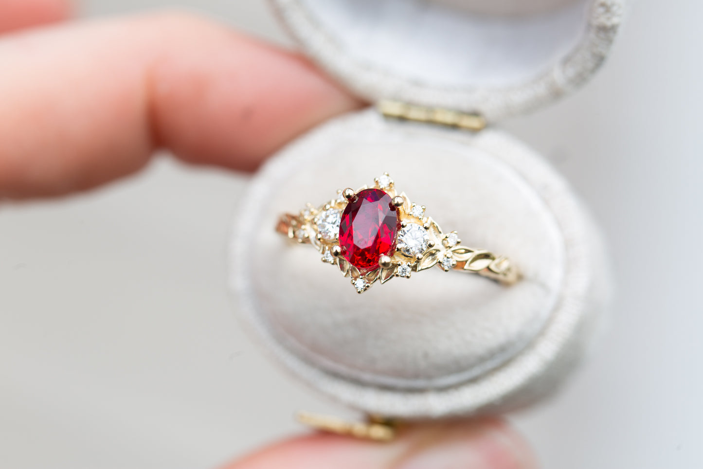 Unique Floral Rose Three Stone Oval Lab Ruby and Moissanite Ring