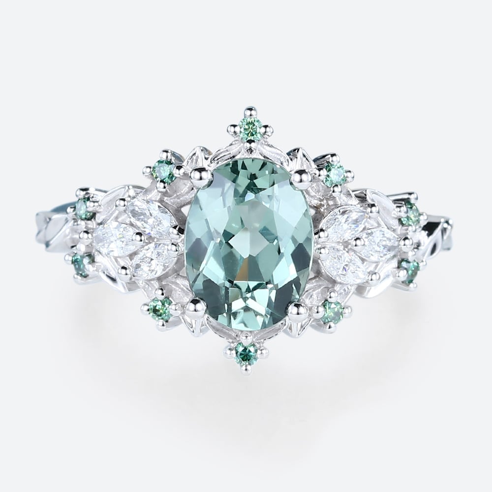 Unique Briar Rose Starlight Oval Green Sapphire Engagement Ring
