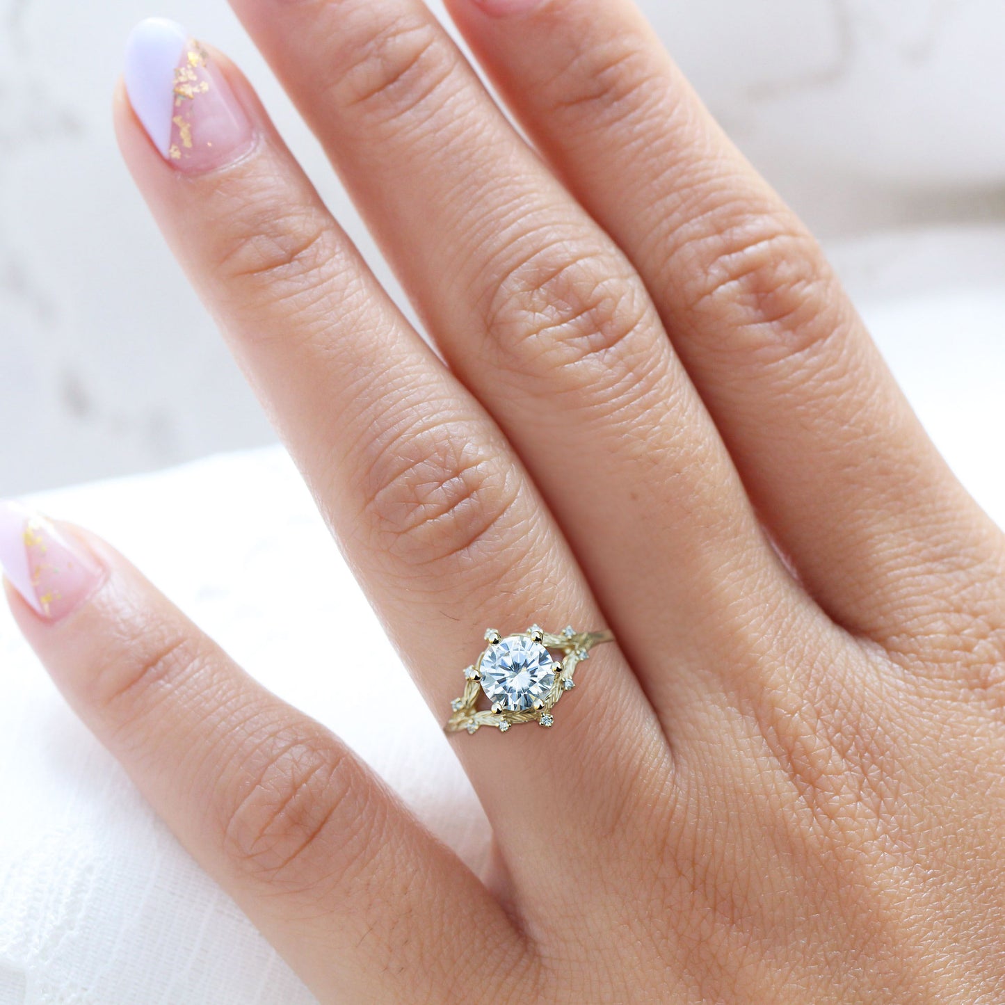 Unique Woodland Solitaire Round Moissanite Ring