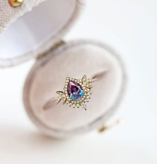 Unique Briar Moon Pear Lab Alexandrite Ring