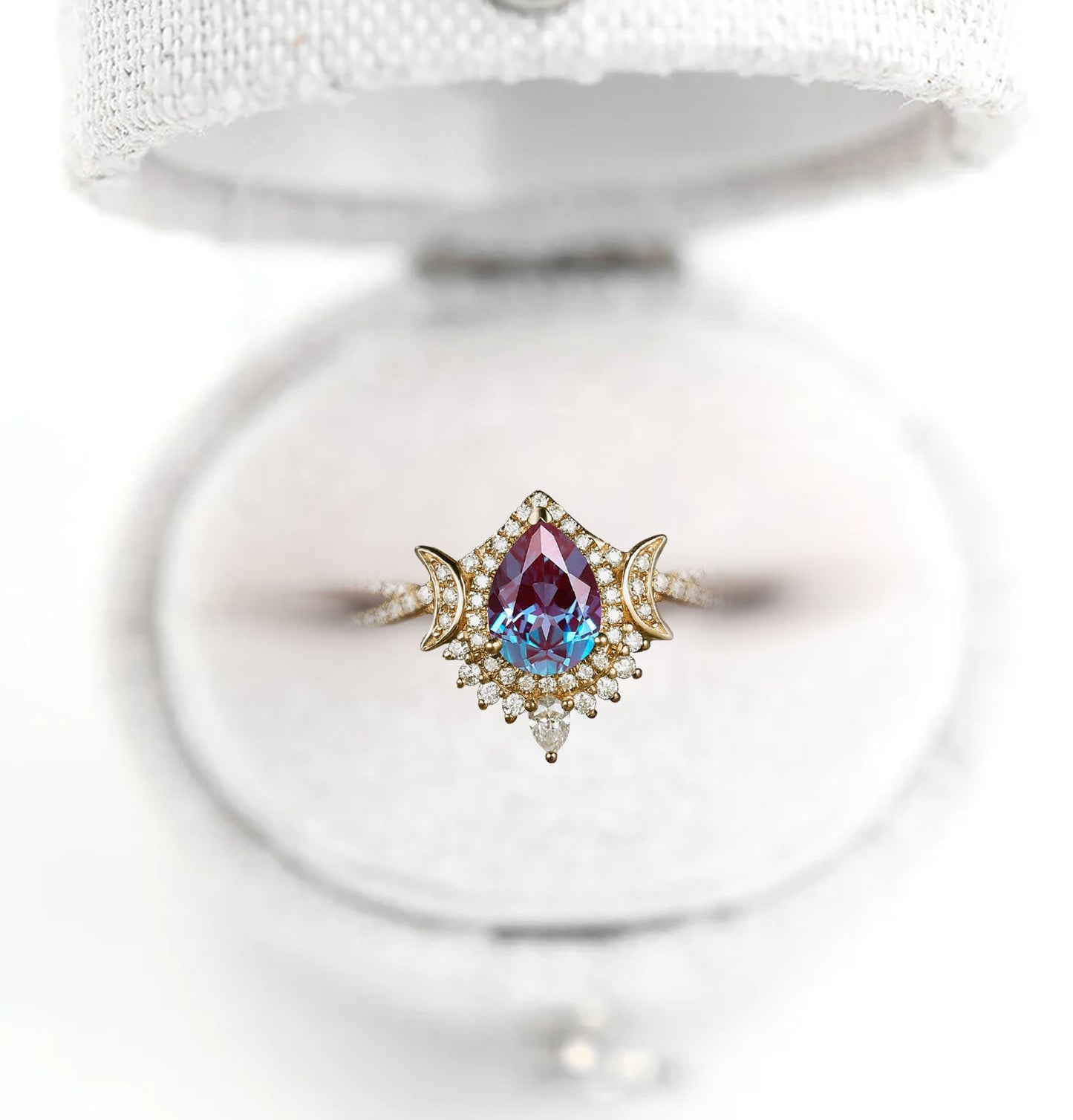 Unique Briar Moon Pear Lab Alexandrite Ring