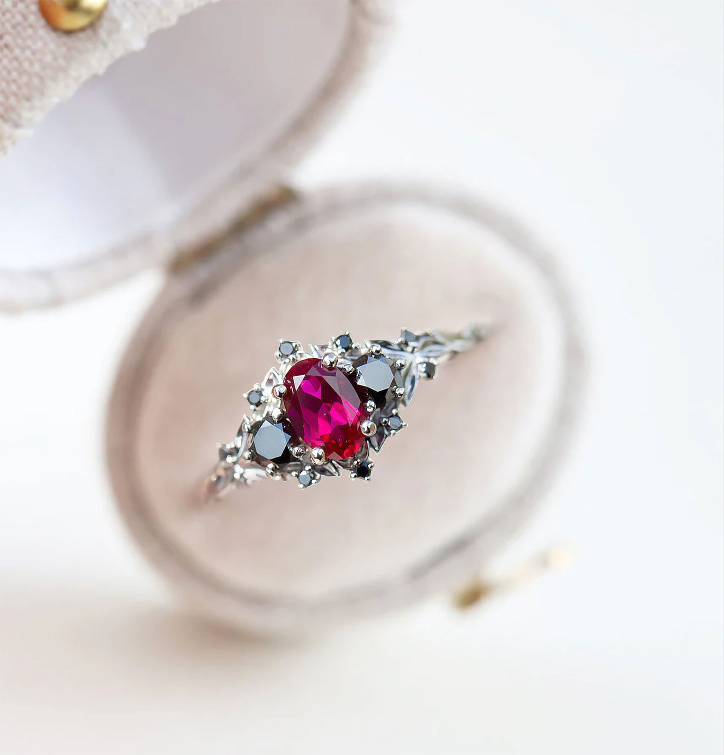 Unique Floral Rose Three Stone Oval Lab Ruby and Black onyx Ring