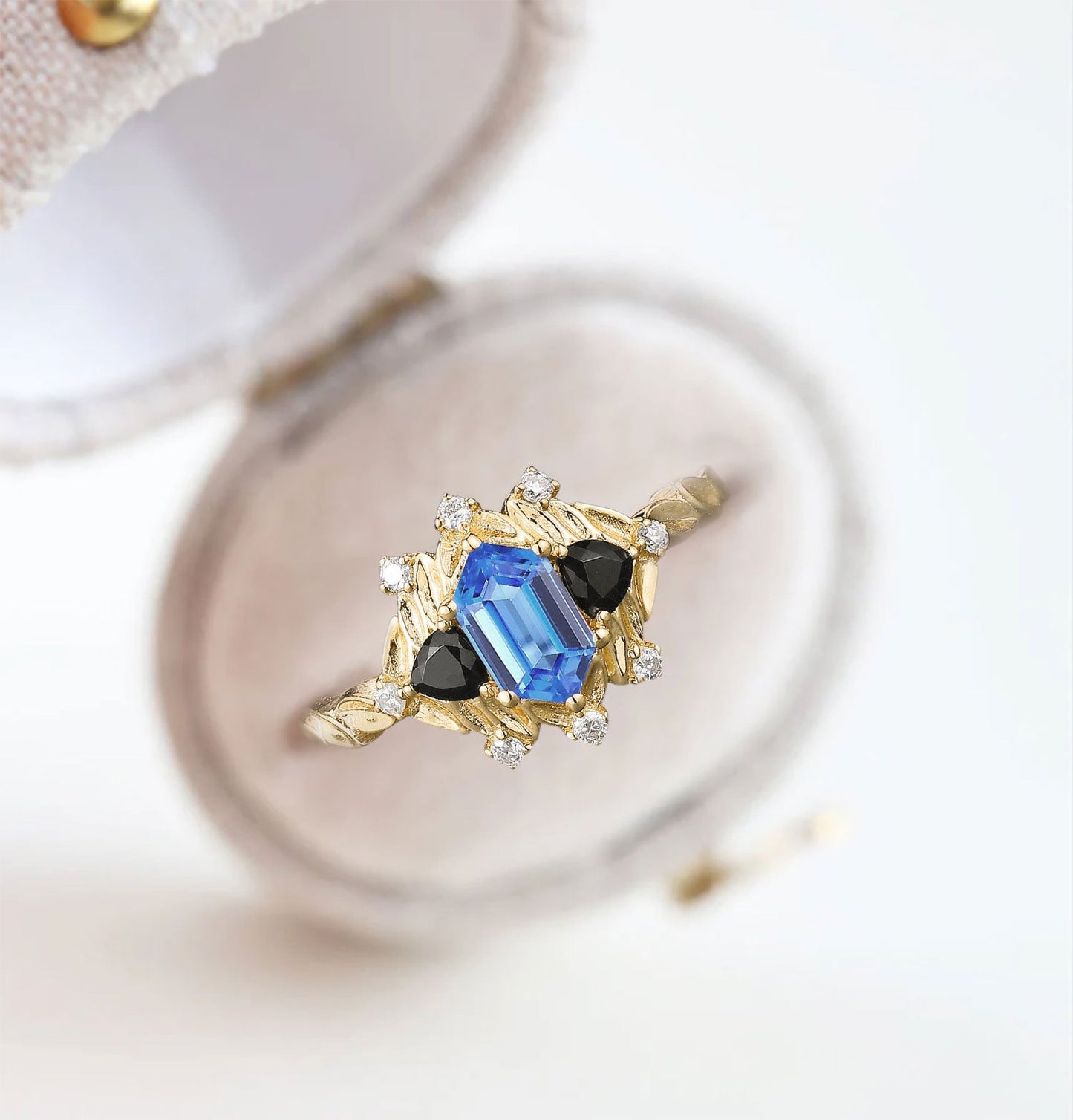 Unique Long Hexagon Sapphire and Black Onyx Leaf Engagement Ring  Wedding Ring for Women