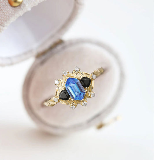 Unique Long Hexagon Sapphire and Black Onyx Leaf Engagement Ring  Wedding Ring for Women