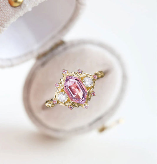 Unique Long Hexagon Pink Sapphire Cluster Wedding Ring Promise Ring For Women