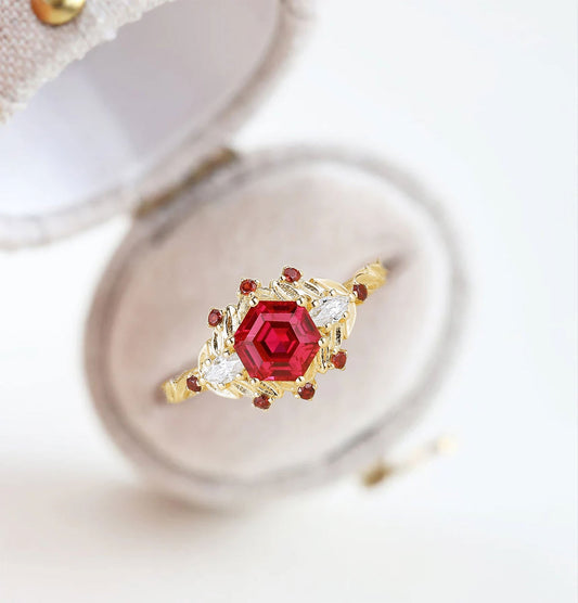 Unique Hexagon Ruby Flower Engagement Ring Halo Leaf Wedding Ring For Women