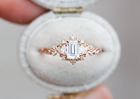 Unique Celeste Rose Three Stone Emerald cut Moissanite Ring
