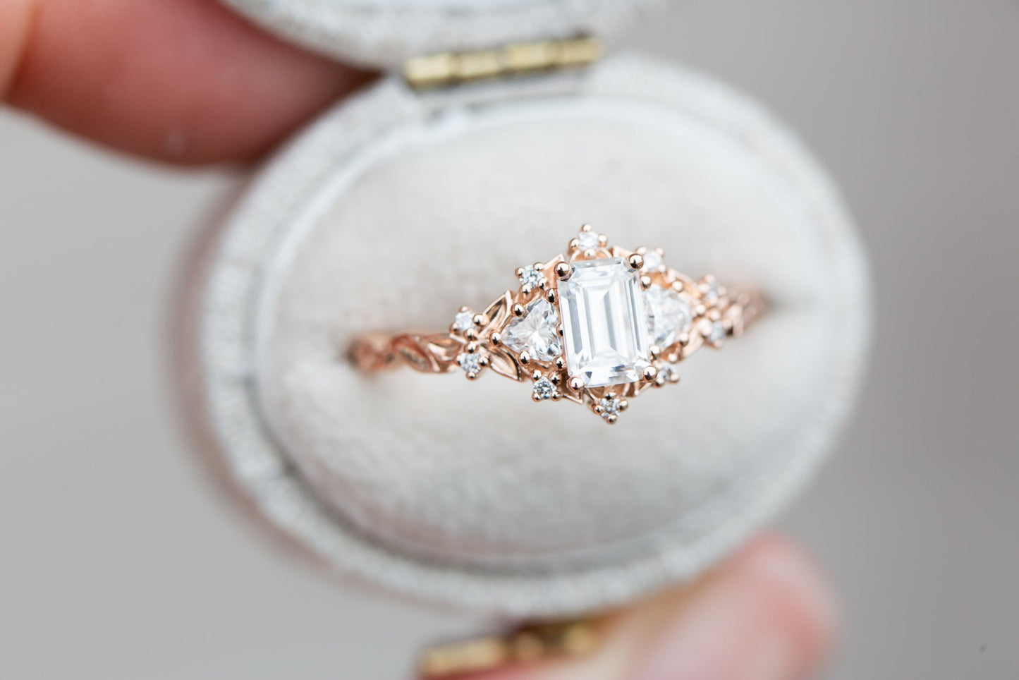 Unique Celeste Rose Three Stone Emerald cut Moissanite Ring