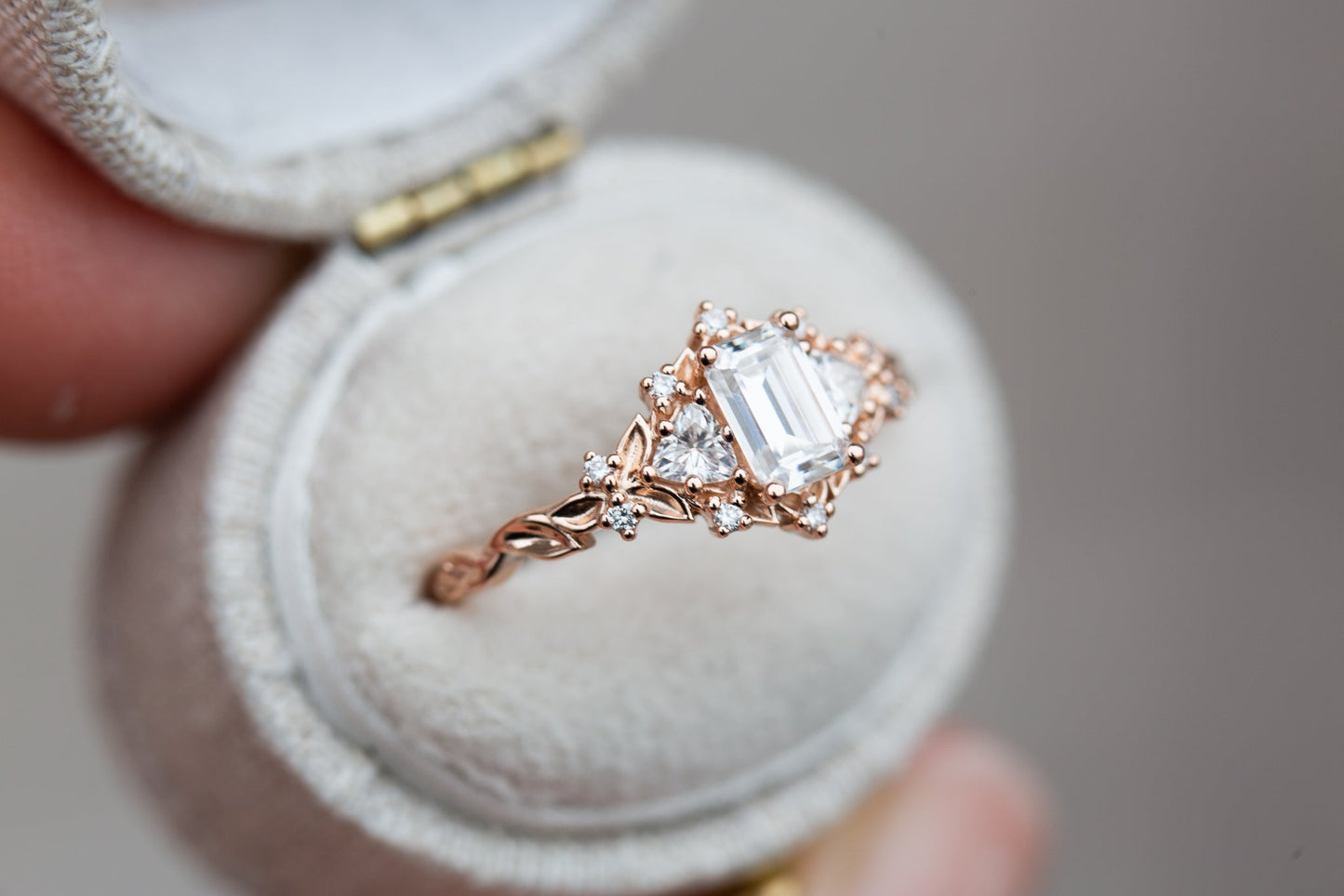 Unique Celeste Rose Three Stone Emerald cut Moissanite Ring