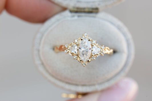 Unique Celeste Rose Three Stone Marquise Moissanite Ring