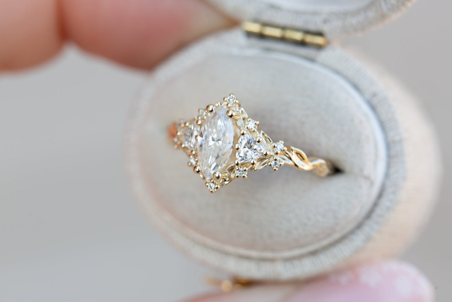 Unique Celeste Rose Three Stone Marquise Moissanite Ring