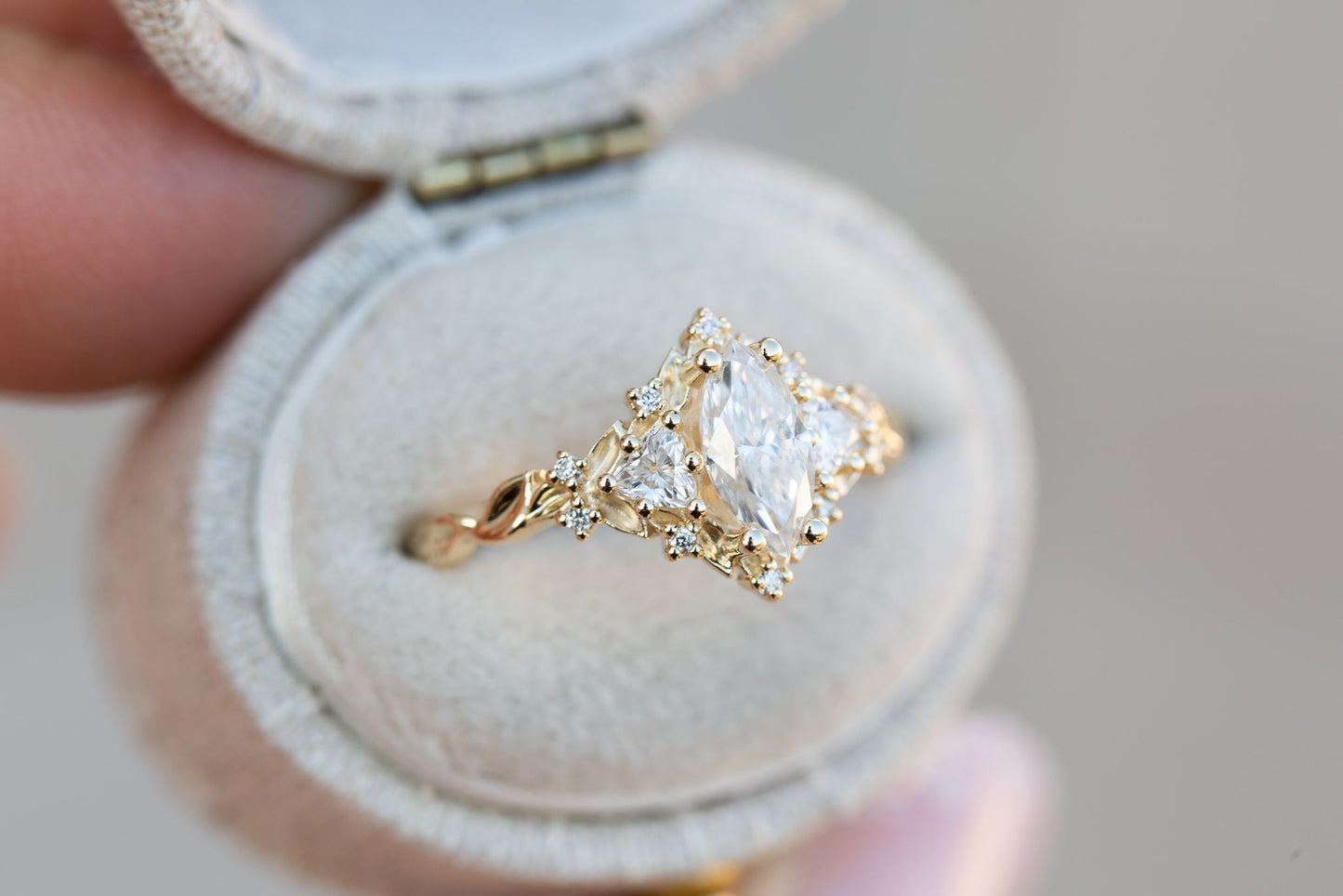 Unique Celeste Rose Three Stone Marquise Moissanite Ring