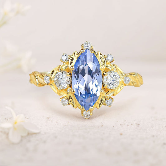 Unique floral engagement rings Marquise Cornflower Sapphire Engagement Ring Moissanite Cluster Promise Ring